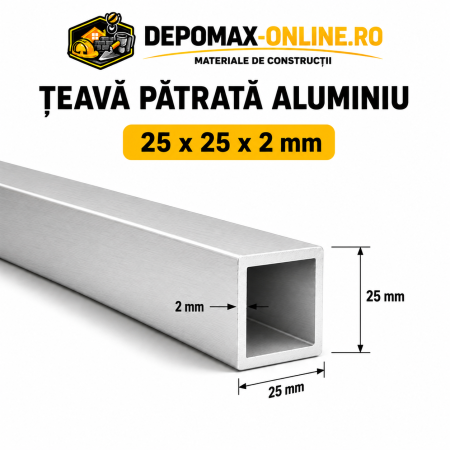 Teava patrata aluminiu 25 x 25 x 2 mm, 6 metri (EN AW-6060)